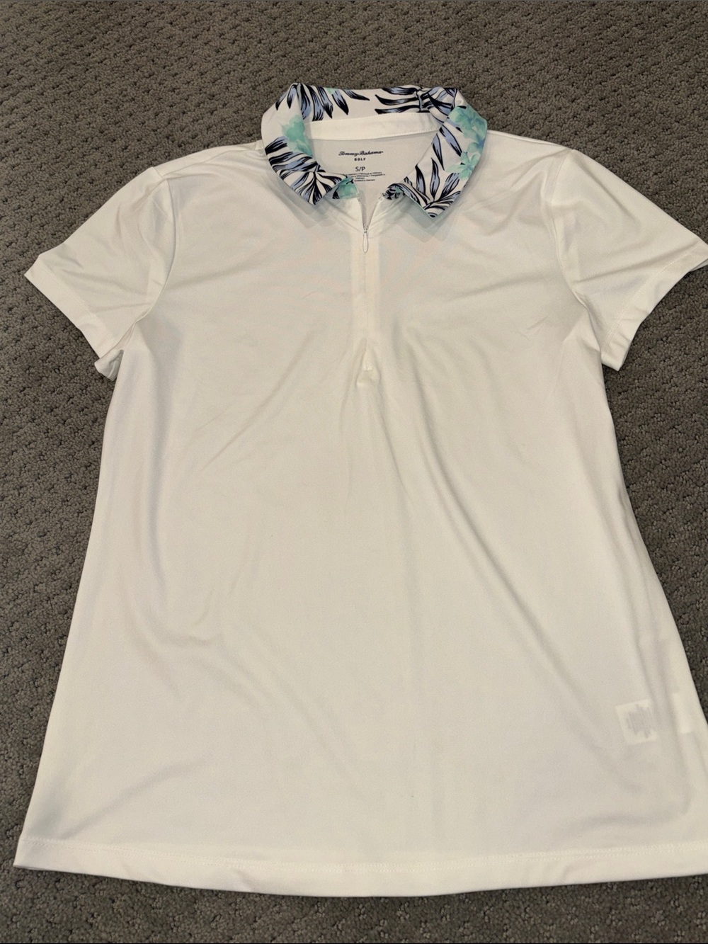 Tommy Bahama Golf White Polo with Blue and Teal Leaf-Print Collar
